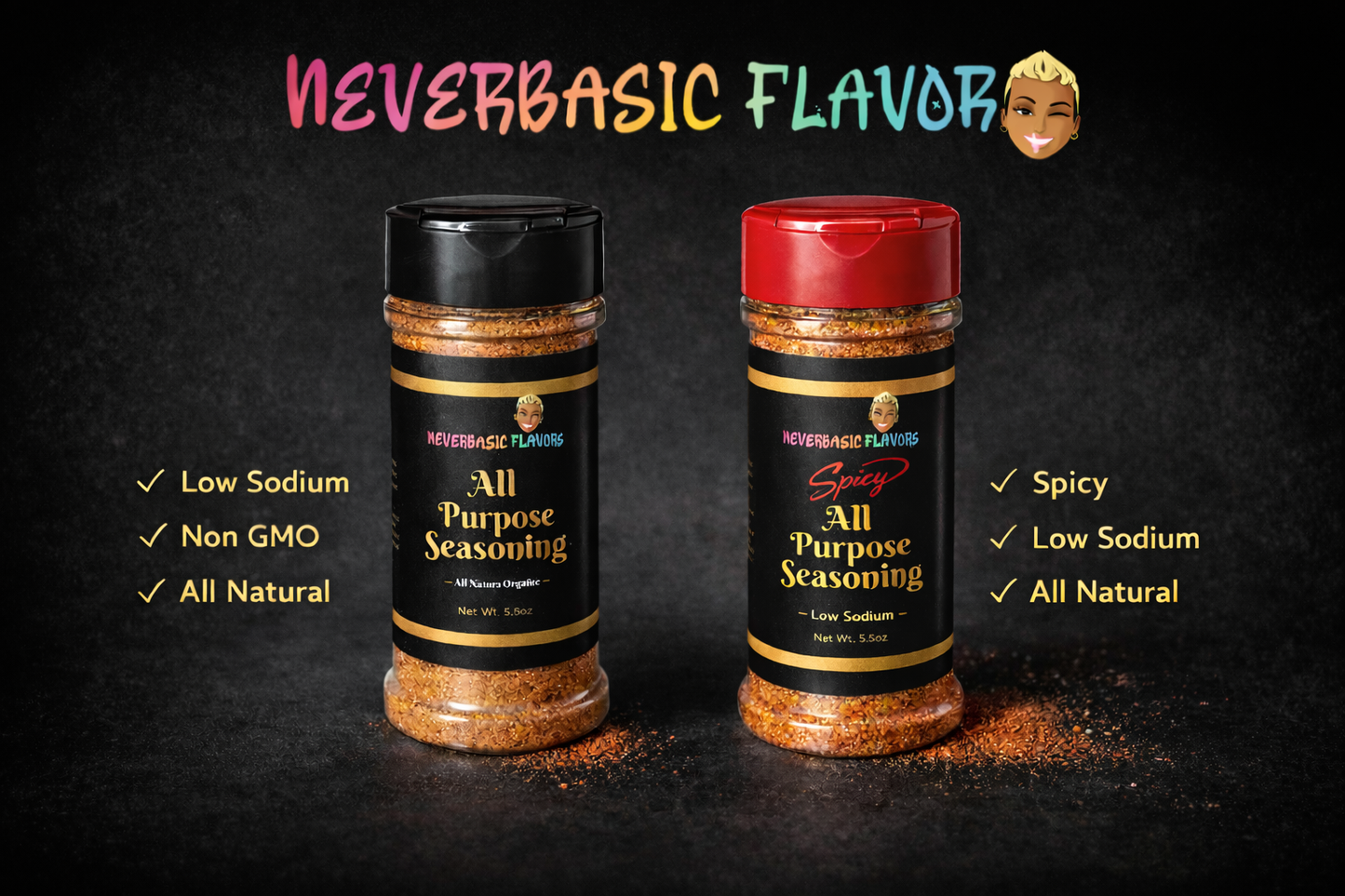 Paquete de condimentos multiusos NeverBasic Flavors – Regular y picante | Bajo en sodio | Vegano | Sin OMG | Todo natural
